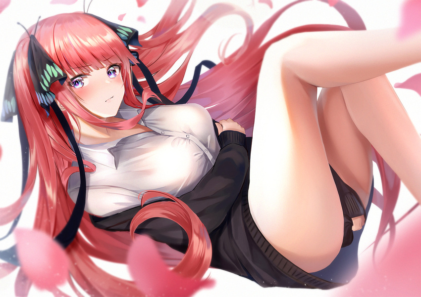 1girl bangs black_sweater blue_eyes blush breasts clothes_pull collared_shirt floating floating_hair go-toubun_no_hanayome long_hair looking_to_the_side medium_breasts nakano_nino off_shoulder petals shirt solo sweater sweater_pull v-shaped_eyebrows very_long_hair white_background white_shirt yk_(pixiv43531291)