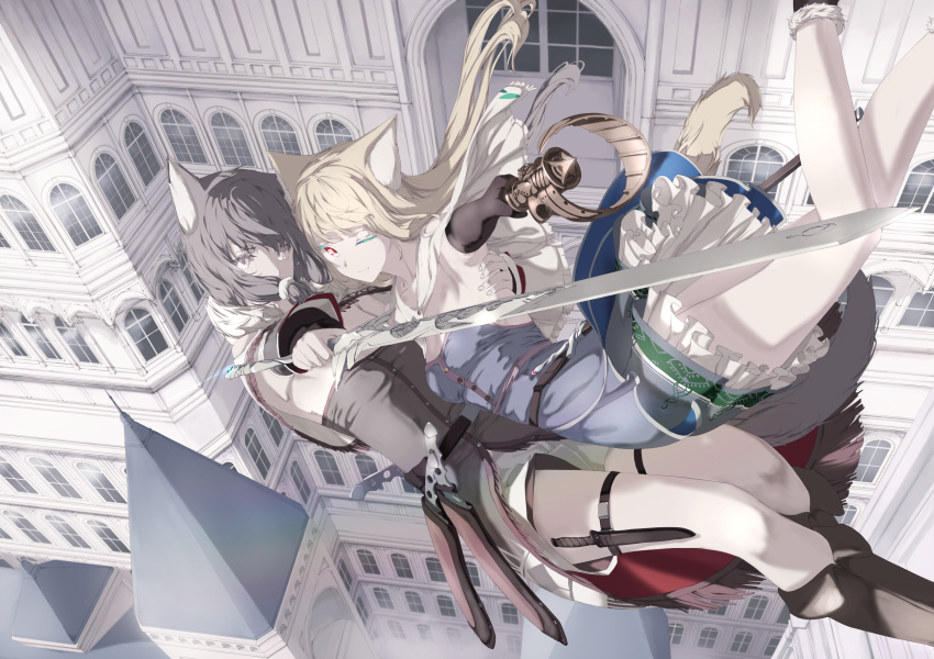 2girls animal_ears bangs breasts capelet falling frills grey_eyes grey_hair grey_tail highres holding holding_sword holding_weapon house long_hair looking_at_viewer mikisai multiple_girls one_eye_closed open_mouth original red_eyes sidelocks small_breasts smile sword tail thigh-highs thigh_strap weapon yellow_tail