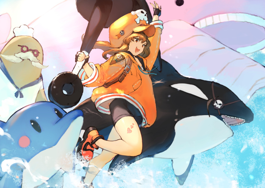 1girl anchor_symbol animal bare_legs bike_shorts brown_eyes brown_hair cabbie_hat dolphin eyepatch facial_hair fingerless_gloves glasses gloves guilty_gear guilty_gear_strive hat heart heart_tattoo highres holding holding_weapon jacket kureta_(nikogori) may_(guilty_gear) open_mouth orange_headwear orange_jacket shark shoes skull_and_crossbones smile solo tattoo water weapon whale wide_sleeves