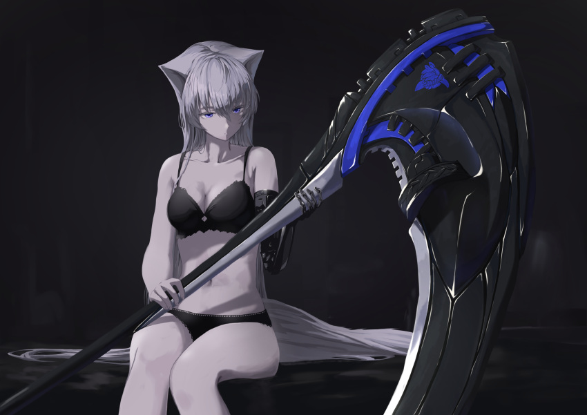 1girl animal_ears bangs black_background breasts grey_hair hair_between_eyes hands_up highres holding holding_weapon long_hair looking_at_object mechanical_arm medium_breasts mikisai navel original panties prosthesis scythe sidelocks simple_background solo thigh-highs underwear violet_eyes weapon