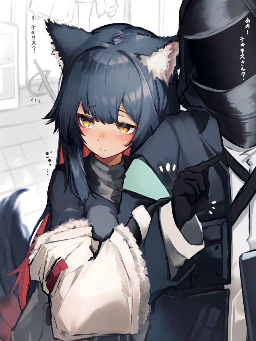 1boy 1girl absurdres animal_ears arknights bangs black_gloves black_hair blunt_bangs blush closed_mouth commentary_request doctor_(arknights) gloves highres long_sleeves multicolored_hair redhead short_hair slit_pupils tab_head tail texas_(arknights) translation_request two-tone_hair yellow_eyes