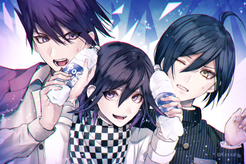 3boys ahoge artist_name bangs black_hair black_jacket bottle checkered checkered_neckwear checkered_scarf commentary_request dangan_ronpa_(series) dangan_ronpa_v3:_killing_harmony gakuran gloves hair_between_eyes hair_up holding holding_bottle jacket jacket_on_shoulders long_sleeves looking_at_viewer male_focus medium_hair momota_kaito multiple_boys one_eye_closed open_mouth ouma_kokichi pink_jacket portrait purple_hair saihara_shuuichi sakuyu scarf school_uniform shirt short_hair smile striped_jacket sweatdrop unmoving_pattern upper_body violet_eyes white_gloves white_jacket white_shirt