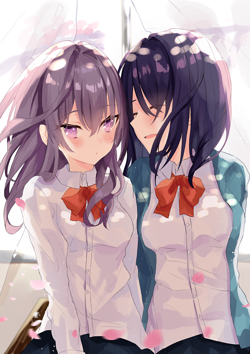 2girls :&lt; absurdres bangs black_hair blush bow breasts closed_eyes closed_mouth eyebrows_visible_through_hair floating_hair hair_between_eyes highres long_hair long_sleeves looking_at_viewer medium_breasts medium_hair multiple_girls open_mouth original pink_eyes red_bow red_neckwear sidelocks sinobi_illust small_breasts yuri