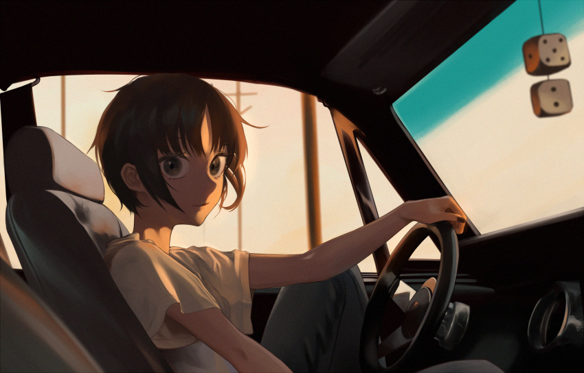 1girl blurry blurry_background brown_eyes brown_hair car_interior closed_mouth denim depth_of_field dice from_side highres knee_up litra_(ltr0312) looking_at_viewer original pants shirt short_hair short_sleeves sitting smile solo steering_wheel sunset t-shirt white_shirt