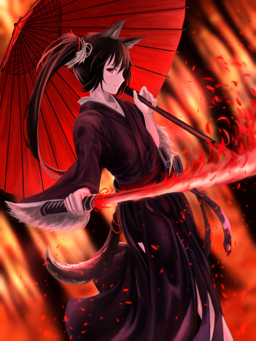 1girl absurdres animal_ears arm_up bangs black_hair fire hakama highres holding holding_umbrella holding_weapon japanese_clothes katana looking_at_viewer medium_hair mikisai oil-paper_umbrella open_mouth original red_eyes solo sword tail umbrella weapon