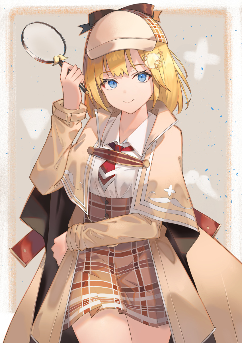 1girl absurdres arm_across_waist blonde_hair blue_eyes brown_capelet brown_coat brown_headwear brown_skirt closed_mouth coat collared_shirt cowboy_shot deerstalker hair_ornament hat high-waist_skirt highres holding_magnifying_glass hololive hololive_english long_sleeves looking_at_viewer miniskirt monocle_hair_ornament motota necktie open_clothes open_coat plaid plaid_skirt red_neckwear shirt short_hair skirt smile solo virtual_youtuber watson_amelia white_shirt
