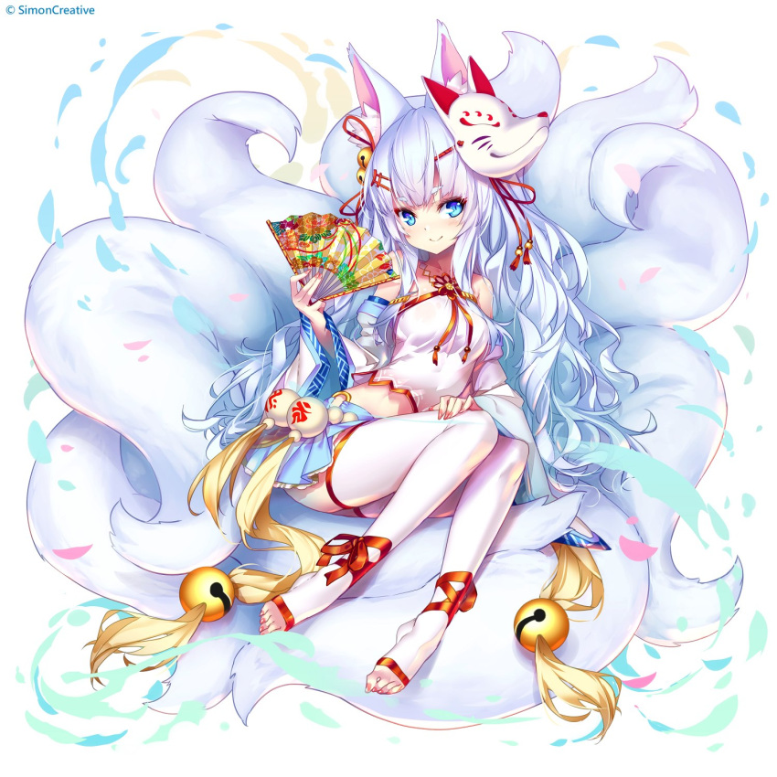 animal_ear_fluff animal_ears ankle_ribbon bell blue_eyes breasts crop_top detached_sleeves eyebrows_visible_through_hair fan folding_fan fox_ears fox_mask fox_tail full_body hair_bell hair_ornament hairclip halterneck highres hong_(white_spider) jingle_bell kuuki_shoujo kyuubi long_hair mask mask_on_head medium_breasts miniskirt multiple_girls multiple_tails pink_nails pleated_skirt ribbon sidelocks skirt smile tail the_personification_of_atmosphere thigh-highs toeless_legwear toenail_polish white_hair white_legwear wide_sleeves