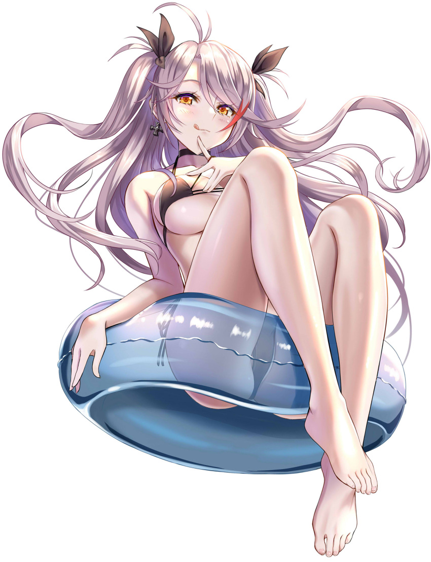 1girl absurdres antenna_hair ass azur_lane bangs bare_legs barefoot bikini black_bikini black_choker blush breasts choker closed_mouth cross cross_earrings earrings eyebrows_visible_through_hair finger_to_mouth hair_ribbon highres innertube iron_cross jewelry long_hair looking_at_viewer multicolored_hair orange_eyes prinz_eugen_(azur_lane) ribbon side-tie_bikini silver_hair sitting smile solo streaked_hair swept_bangs swimsuit toes tongue tongue_out two_side_up violetshit