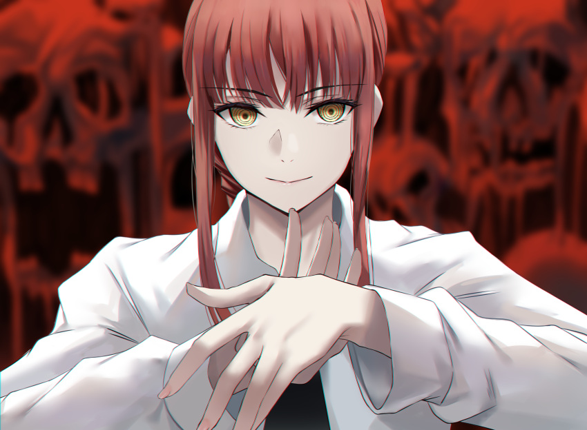 1girl bangs black_neckwear braid braided_ponytail chainsaw_man closed_mouth collared_shirt commentary crossed_bangs dress_shirt eyebrows_visible_through_hair eyelashes fingernails formal hands_up highres long_hair long_sleeves looking_at_viewer makima_(chainsaw_man) necktie nicky_w office_lady red_background redhead ringed_eyes shirt sidelocks skull smile solo upper_body white_shirt wing_collar yellow_eyes