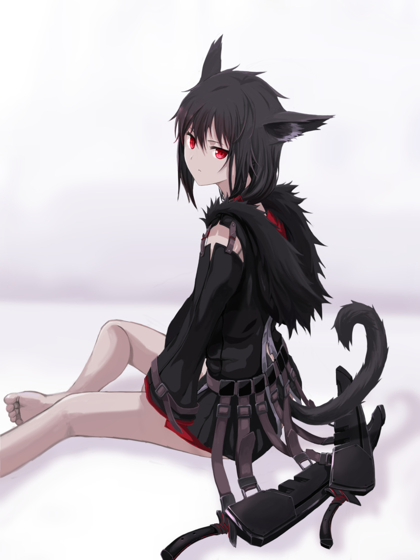 1girl absurdres animal_ears bangs barefoot black_hair black_tail hair_ornament highres looking_at_viewer looking_back medium_hair mikisai open_mouth original red_eyes simple_background sitting solo tail weapon white_background