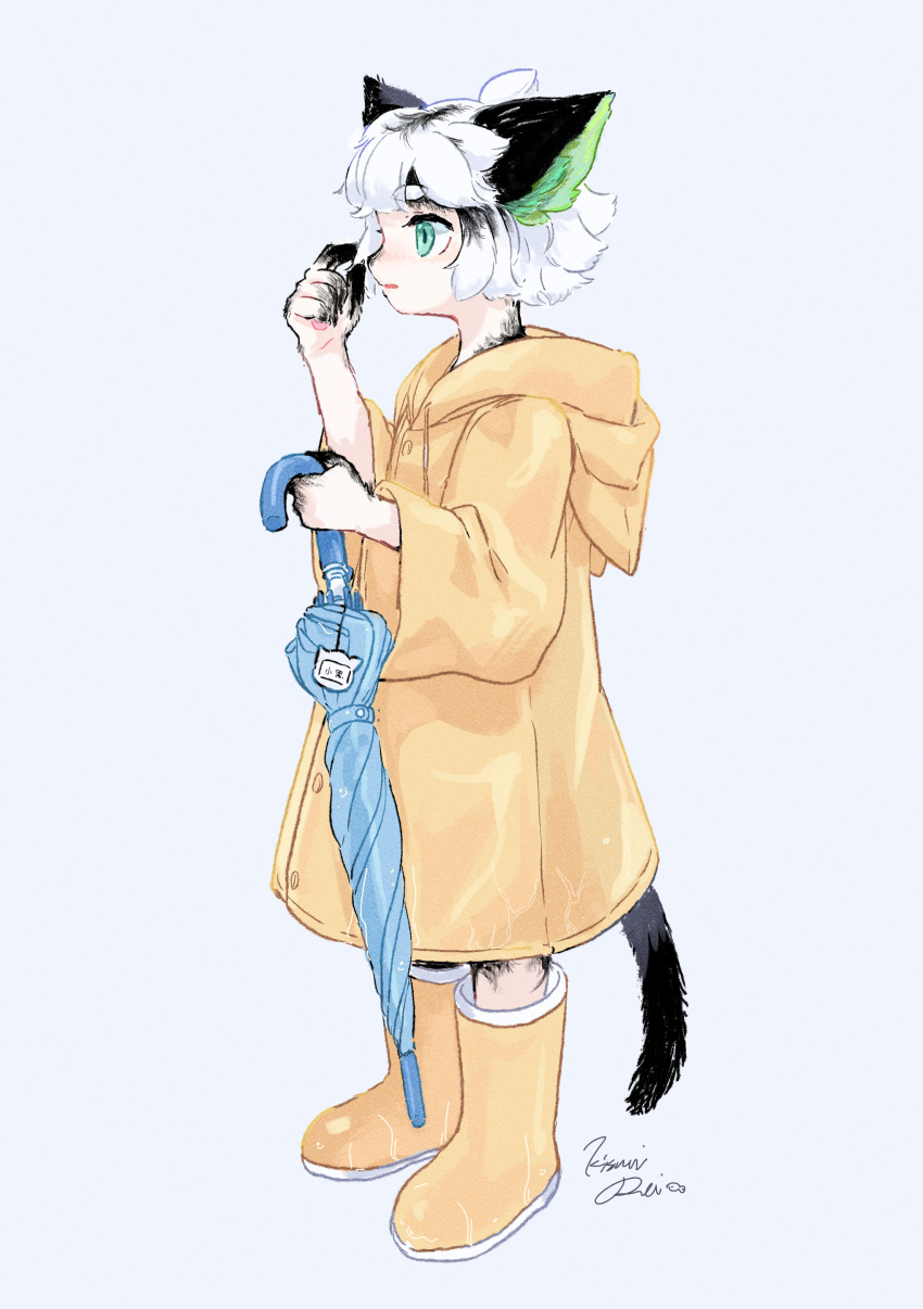 1boy absurdres animal_ears aqua_eyes black_tail blue_umbrella boots cat_ears cat_tail green_eyes hand_up highres holding holding_umbrella hood hood_down jacket kisumi_rei luoxiaohei profile shadow short_hair signature simple_background solo tail the_legend_of_luo_xiaohei umbrella white_background white_hair yellow_footwear yellow_jacket