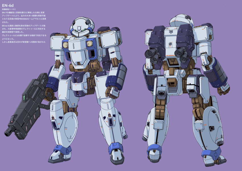 absurdres blue_eyes character_name clenched_hand from_behind gun highres holding holding_gun holding_weapon marimoyui mecha multiple_views no_humans original purple_background science_fiction weapon