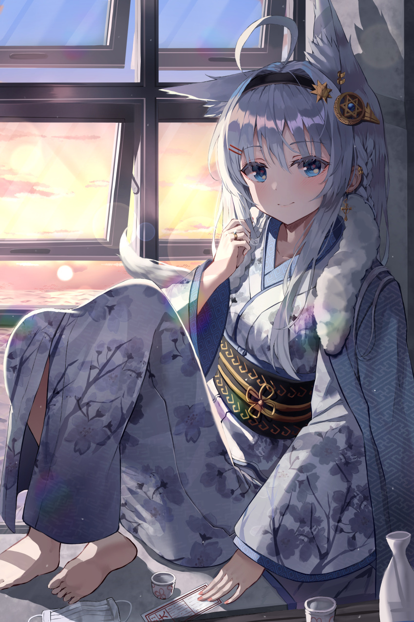 1girl absurdres ahoge animal_ears bangs blue_eyes blush braid commentary_request earrings eyebrows_visible_through_hair fox_ears fox_girl fox_tail fur_trim hair_between_eyes hair_ornament hairband highres indoors japanese_clothes jewelry kerno kimono knees_up long_hair looking_at_viewer obi open_window original ring sash sidelocks silver_hair single_braid sitting smile solo tail white_kimono window