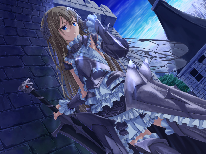1girl arm_up armor bangs butterfly_wings frills headpiece highres holding holding_weapon insect_wings knight long_hair looking_at_viewer mikisai open_mouth original solo sword weapon wings