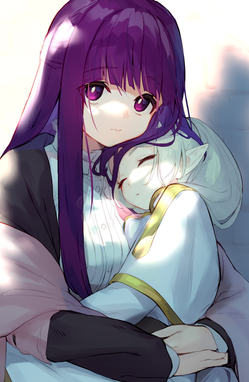 2girls bangs capelet closed_eyes closed_mouth collar commentary_request dappled_sunlight day elf eyebrows_visible_through_hair eyes_visible_through_hair frieren frilled_collar frills highres hug long_hair long_sleeves looking_at_viewer multiple_girls pointy_ears purple_hair shirt skirt sleeping sousou_no_frieren sunlight tai_(e3d1p) violet_eyes white_capelet white_hair white_shirt white_skirt
