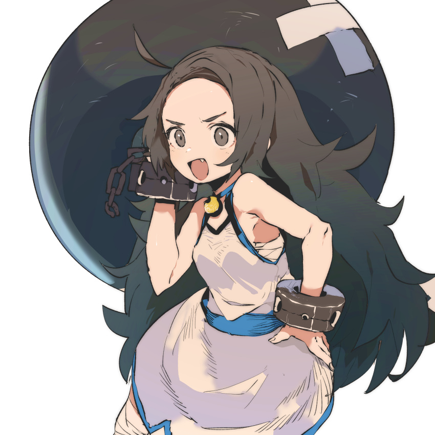1girl :d ahoge bare_shoulders big_hair black_hair blue_sash chang_koehan cuffs ddari dress fang genderswap genderswap_(mtf) hand_on_hip highres holding huge_weapon long_hair looking_at_viewer open_mouth pretty_chang sash simple_background smile solo standing the_king_of_fighters weapon white_background white_dress