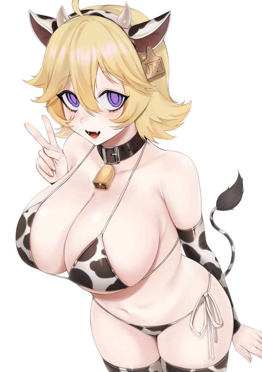 1girl animal_print bangs blush breasts collar collarbone commentary_request cow_print eyebrows_visible_through_hair hair_ornament highres looking_at_viewer navel ompf open_mouth short_hair simple_background smile solo upper_body white_background