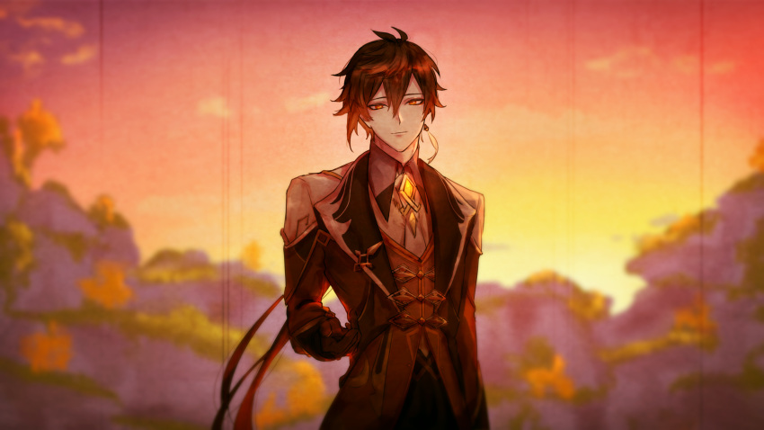 1boy bangs black_gloves black_hair blurry blurry_background brown_hair closed_mouth clouds cloudy_sky collar dmza4482 earrings formal genshin_impact gloves hair_between_eyes highres jacket jewelry long_hair long_sleeves looking_at_viewer male_focus mountain multicolored_hair necktie ponytail single_earring sky solo suit tassel tree twilight yellow_eyes zhongli_(genshin_impact)