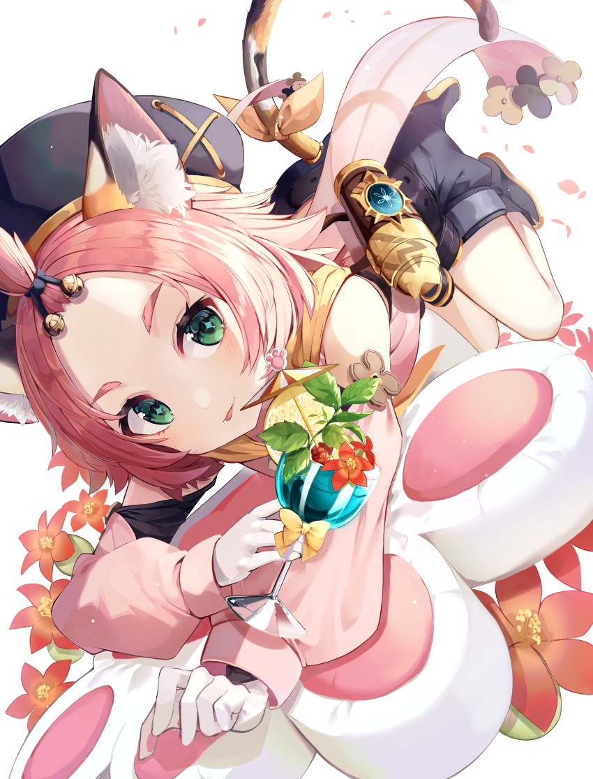 1girl :p absurdres animal_ear_fluff animal_ears animal_ears_(artist) beret black_headwear black_shorts cat_ears cat_tail commentary_request cup detached_sleeves diona_(genshin_impact) drink eyebrows flower forehead genshin_impact glass gloves green_eyes hat highres holding holding_cup looking_at_viewer pink_hair short_hair shorts simple_background solo tail thighs tongue tongue_out white_background white_gloves