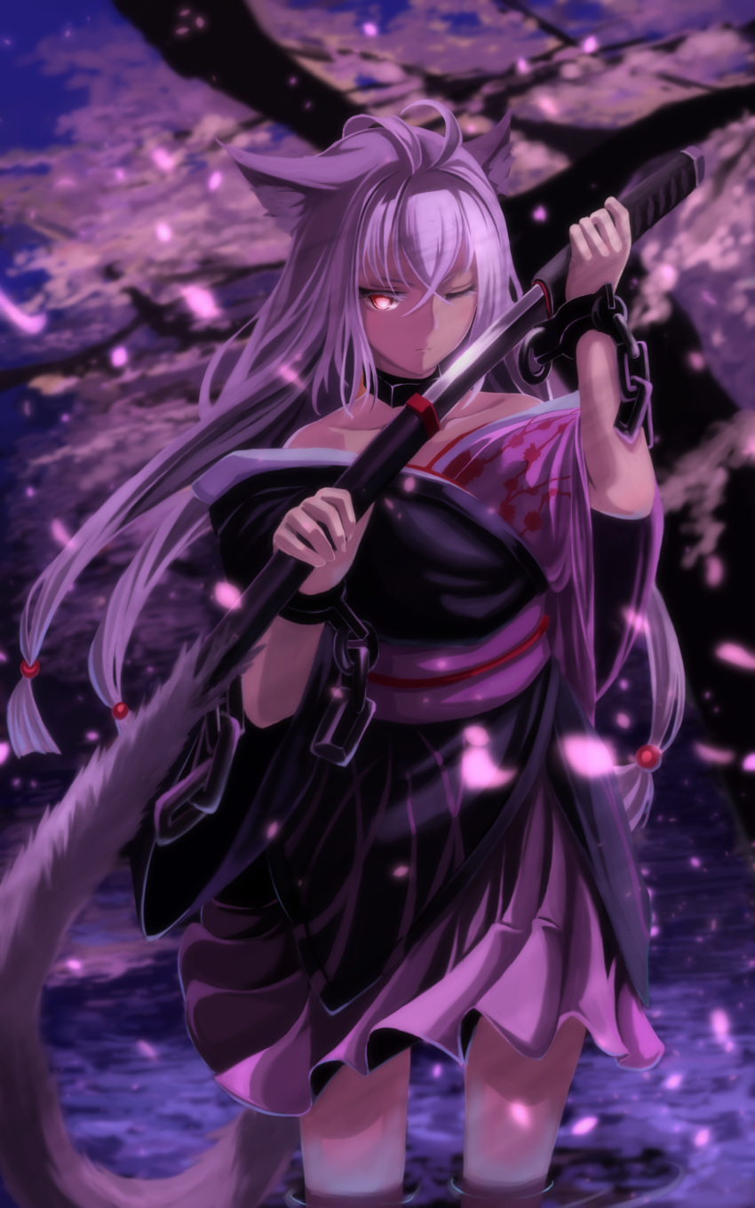 1girl animal_ears arms_up bangs choker closed_mouth floating_hair grey_hair highres holding holding_sword holding_weapon katana long_hair looking_at_viewer mikisai one_eye_closed original red_eyes solo sword water weapon