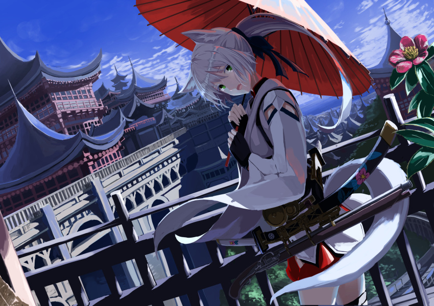 1girl animal_ears arms_up bangs bow fang fingerless_gloves floating_clothes gloves green_eyes gun hair_bow highres holding holding_umbrella looking_at_viewer mikisai oil-paper_umbrella open_mouth original sidelocks solo sword tail umbrella weapon white_hair white_tail
