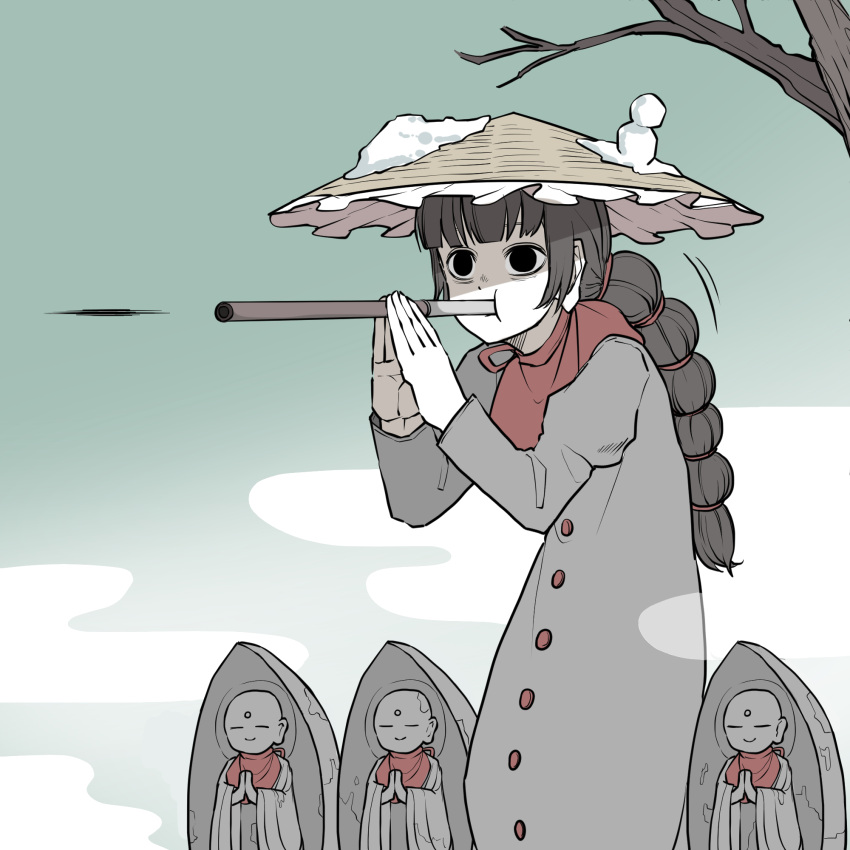 &lt;o&gt;_&lt;o&gt; 1girl ajirogasa bangs black_eyes black_hair blowgun blunt_bangs braid clouds coat dart earlobes gradient_sky grey_coat hat highres holding holding_weapon jizou long_hair long_sleeves outdoors peroponesosu. red_scarf scarf sky snow solo standing statue touhou tree_branch weapon yatadera_narumi