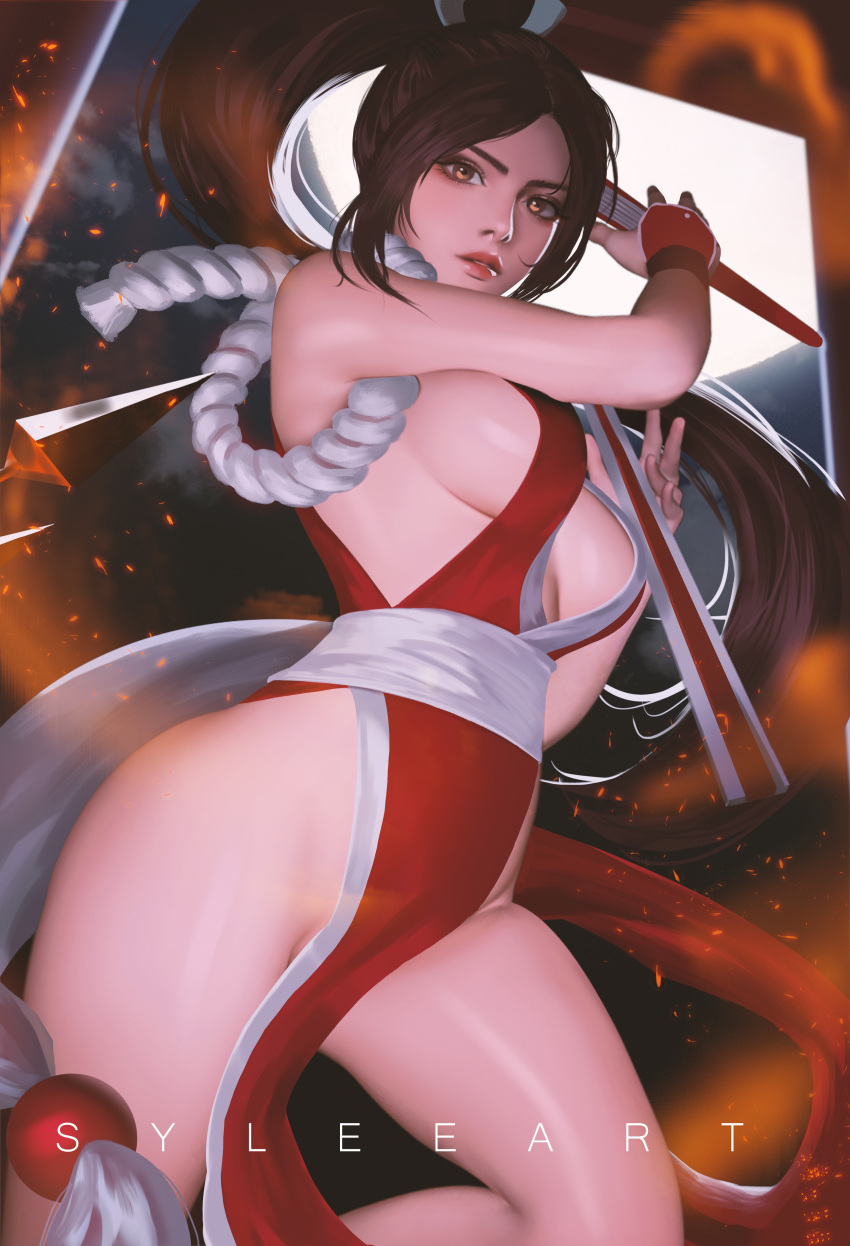 1girl absurdres bare_shoulders breasts brown_hair fan fatal_fury fingerless_gloves folding_fan gloves high_ponytail highres holding holding_weapon japanese_clothes large_breasts long_hair looking_at_viewer night ninja outdoors pelvic_curtain ponytail red_gloves revealing_clothes rope shiranui_mai solo thaumazo the_king_of_fighters thighs weapon