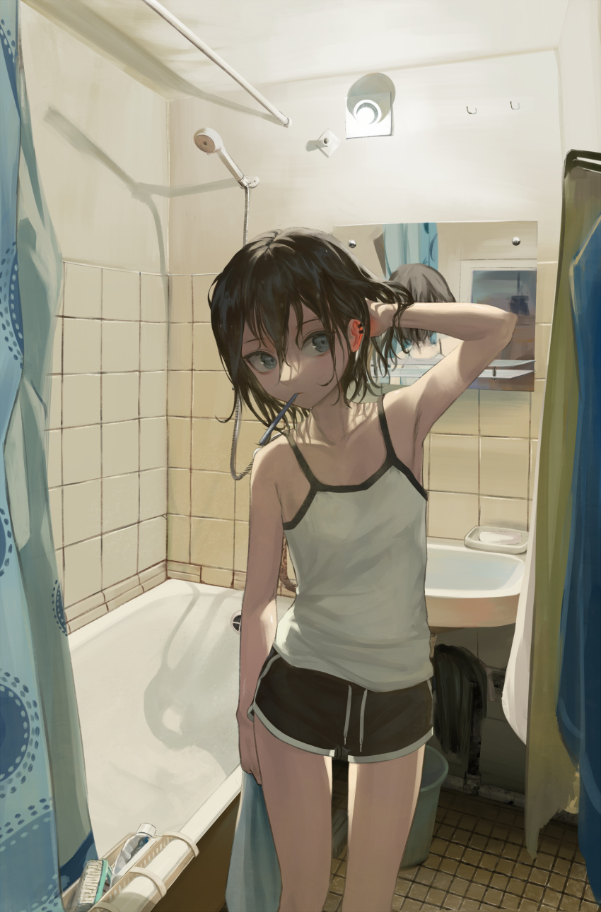 1girl absurdres arm_at_side arm_up armpits bathroom bathtub black_shorts blue_eyes brown_hair brush bucket closed_mouth commentary_request ear_piercing hair_between_eyes hand_in_hair highres holding holding_towel indoors litra_(ltr0312) mirror mouth original piercing reflection shirt short_hair short_shorts shorts shower_curtain sink standing tank_top tile_floor tile_wall tiles toothbrush towel wet wet_hair white_shirt