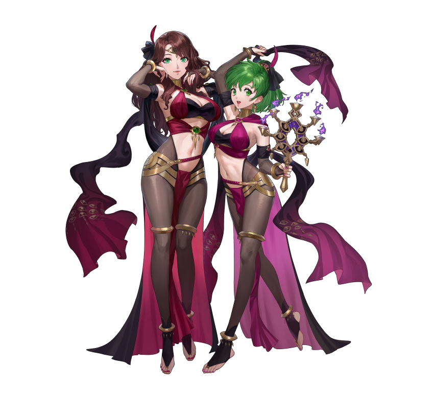 2girls absurdres bangs bodysuit breasts dorothea_arnault ekao fire_emblem fire_emblem:_genealogy_of_the_holy_war fire_emblem:_three_houses fire_emblem_heroes full_body highres large_breasts lene_(fire_emblem) loincloth long_hair multiple_girls official_art pelvic_curtain revealing_clothes simple_background skin_tight white_background