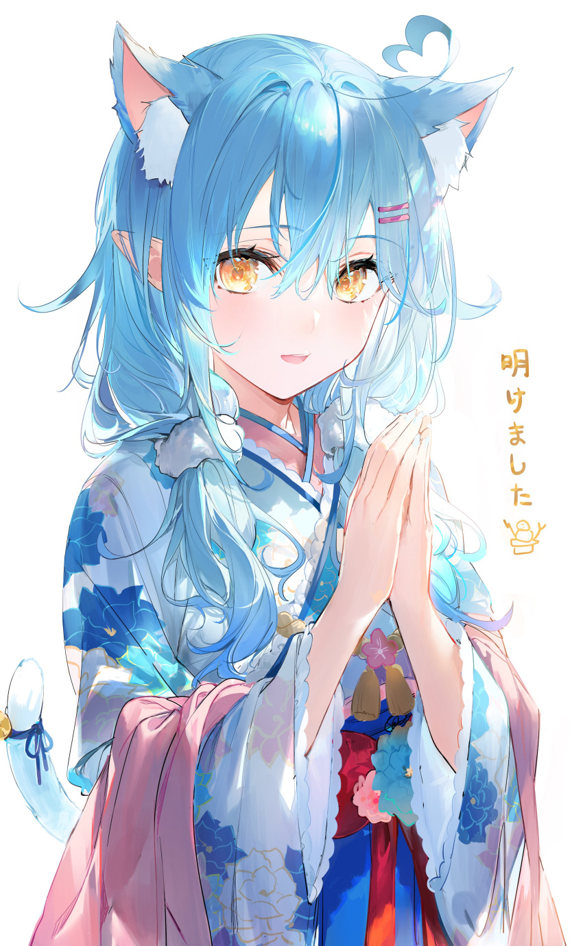 1girl absurdres ahoge animal_ear_fluff animal_ears bell blush bow breasts cat_ears cat_tail eyebrows_visible_through_hair eyelashes floral_print hair_between_eyes hair_ornament hairclip hands_together happy_new_year heart_ahoge highres hololive japanese_clothes kemonomimi_mode kimono light_blue_hair long_hair looking_at_viewer medium_breasts new_year open_mouth palms_together pink_sash pointy_ears praying red_bow ribbon sash simple_background smile solo tail tail_bell tail_ornament tail_ribbon tassel translated twintails umibouzu_(niito) upper_body virtual_youtuber white_background white_kimono wide_sleeves yellow_eyes yukihana_lamy