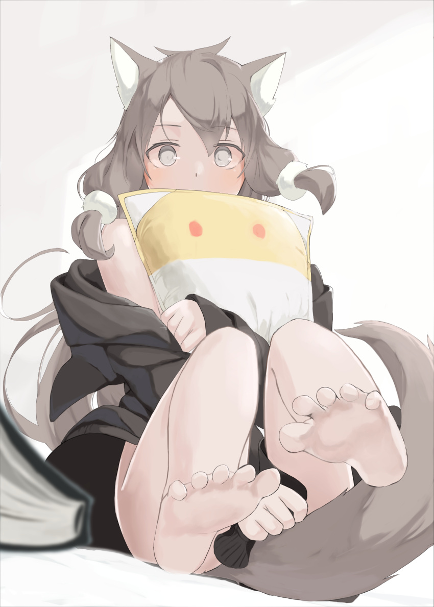 1girl ahoge animal_ears bangs barefoot covered_mouth eyebrows_visible_through_hair floating_hair grey_eyes grey_hair grey_tail hair_between_eyes highres holding leg_up long_sleeves mikisai object_hug original pulled_by_self sidelocks simple_background soles solo tail toes white_background