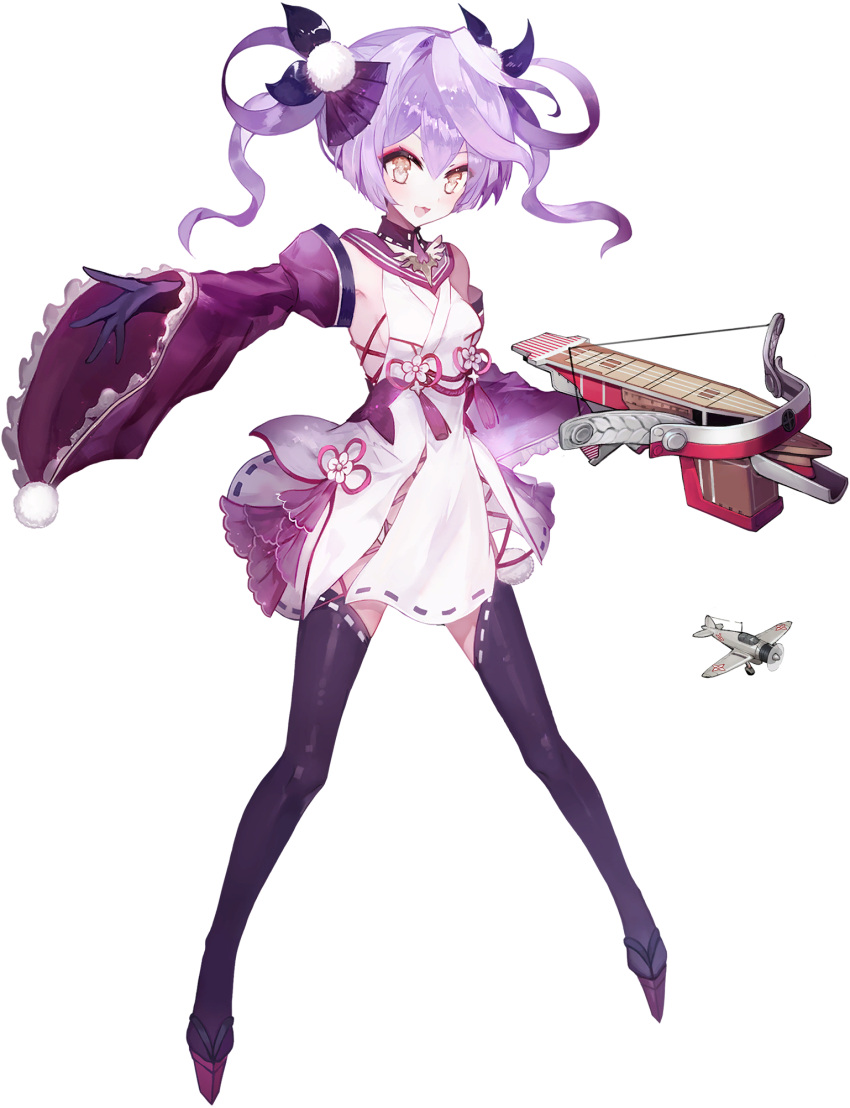 1girl aircraft artist_request bangs black_gloves black_legwear blue_oath breasts detached_sleeves dress flight_deck frilled_dress frills full_body gloves hair_between_eyes hair_ornament highres holding long_hair long_sleeves medium_breasts official_art open_mouth purple_hair sandals solo thigh-highs transparent_background twintails wide_sleeves yellow_eyes zuihou_(blue_oath)