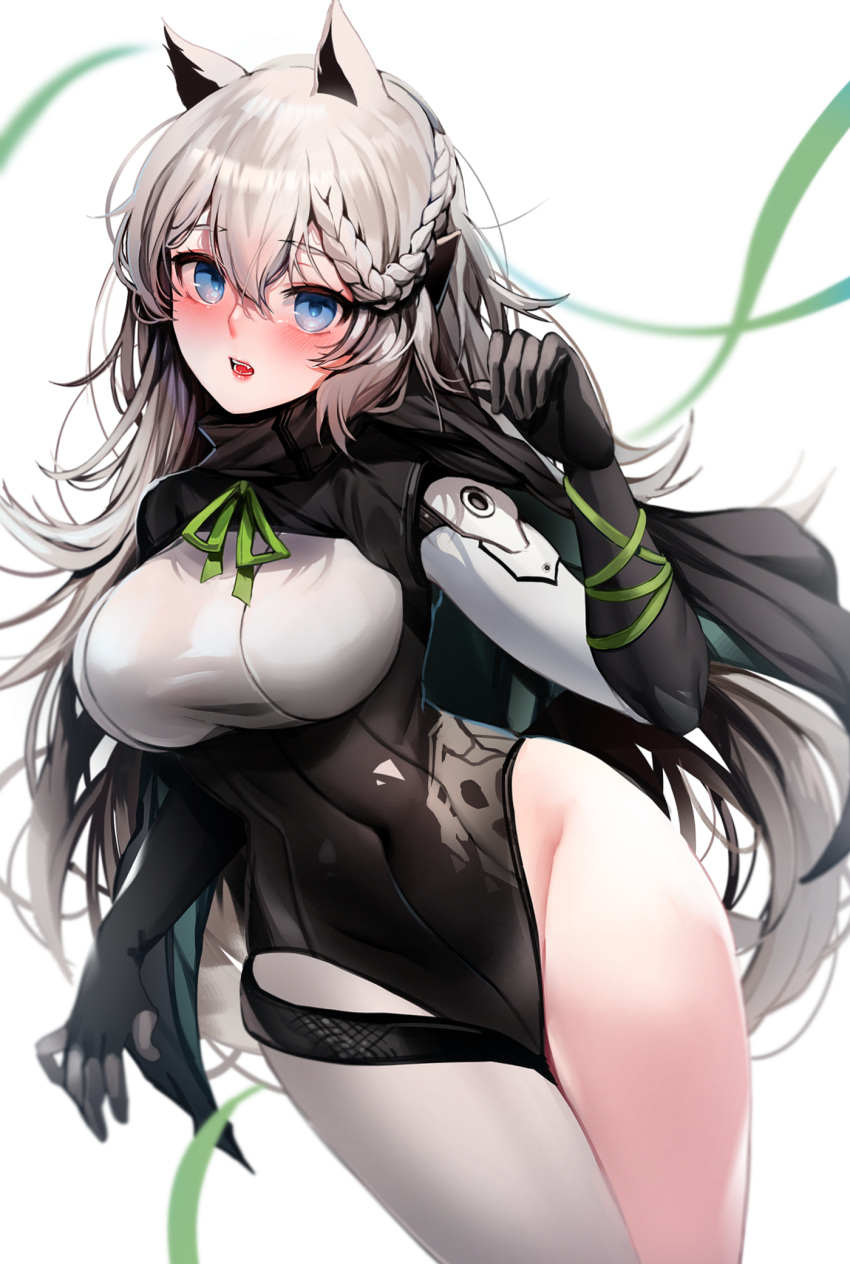 1girl animal_ears blue_eyes blush braid breasts girls_frontline highres ksvk_(girls_frontline) long_hair medium_breasts open_mouth silver_hair skindentation tight very_long_hair wide_hips zerocat