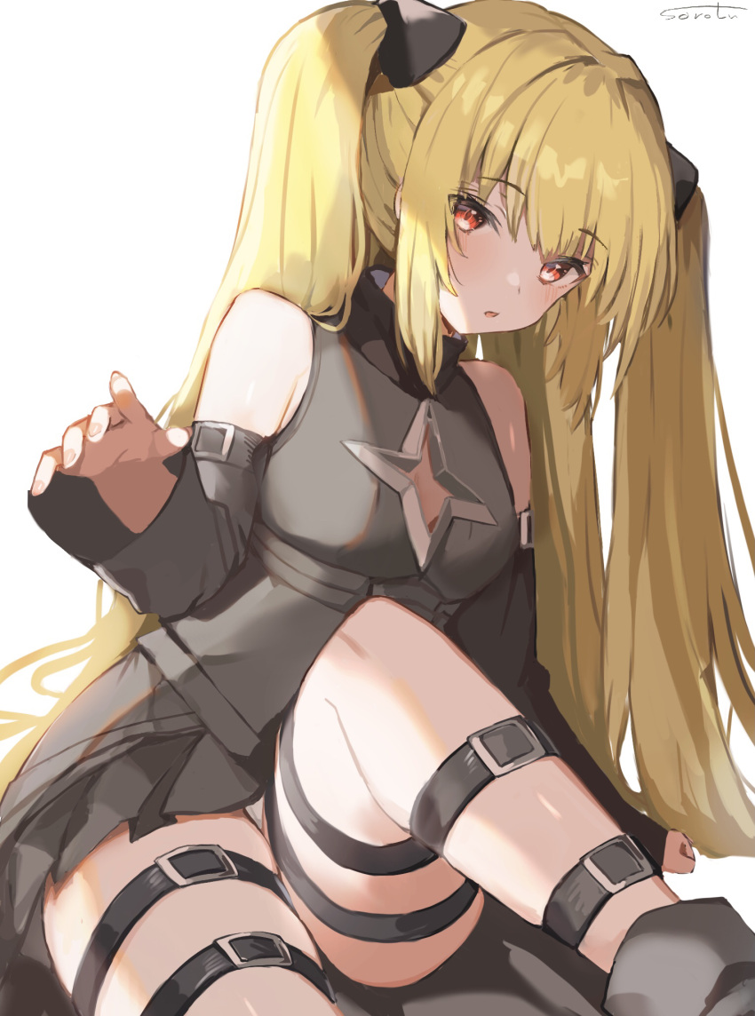 1girl :o bangs bare_shoulders black_ribbon blonde_hair blush breasts cleavage_cutout clothing_cutout commentary_request detached_sleeves eyebrows_visible_through_hair feet_out_of_frame hair_ribbon head_tilt highres knee_up konjiki_no_yami leaning_to_the_side leg_belt long_hair long_sleeves looking_at_viewer medium_breasts parted_lips red_eyes ribbon sidelocks signature simple_background sitting solo sorotu to_love-ru twintails white_background
