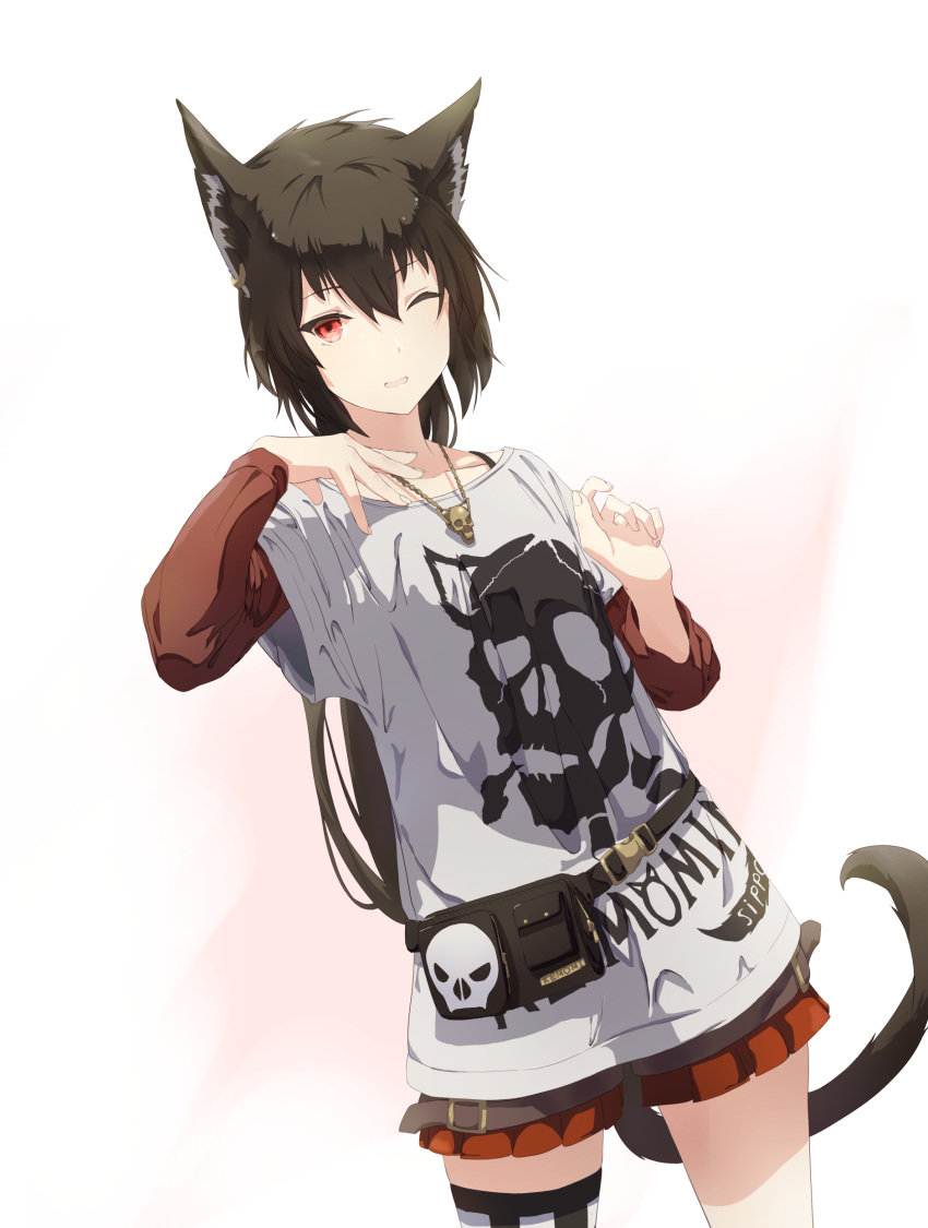 1girl absurdres animal_ears bangs black_hair black_tail earrings eyebrows_visible_through_hair hair_between_eyes hands_up highres jewelry looking_at_viewer mikisai necklace one_eye_closed open_mouth original red_eyes sidelocks simple_background skull skull_necklace skull_print solo tail white_background