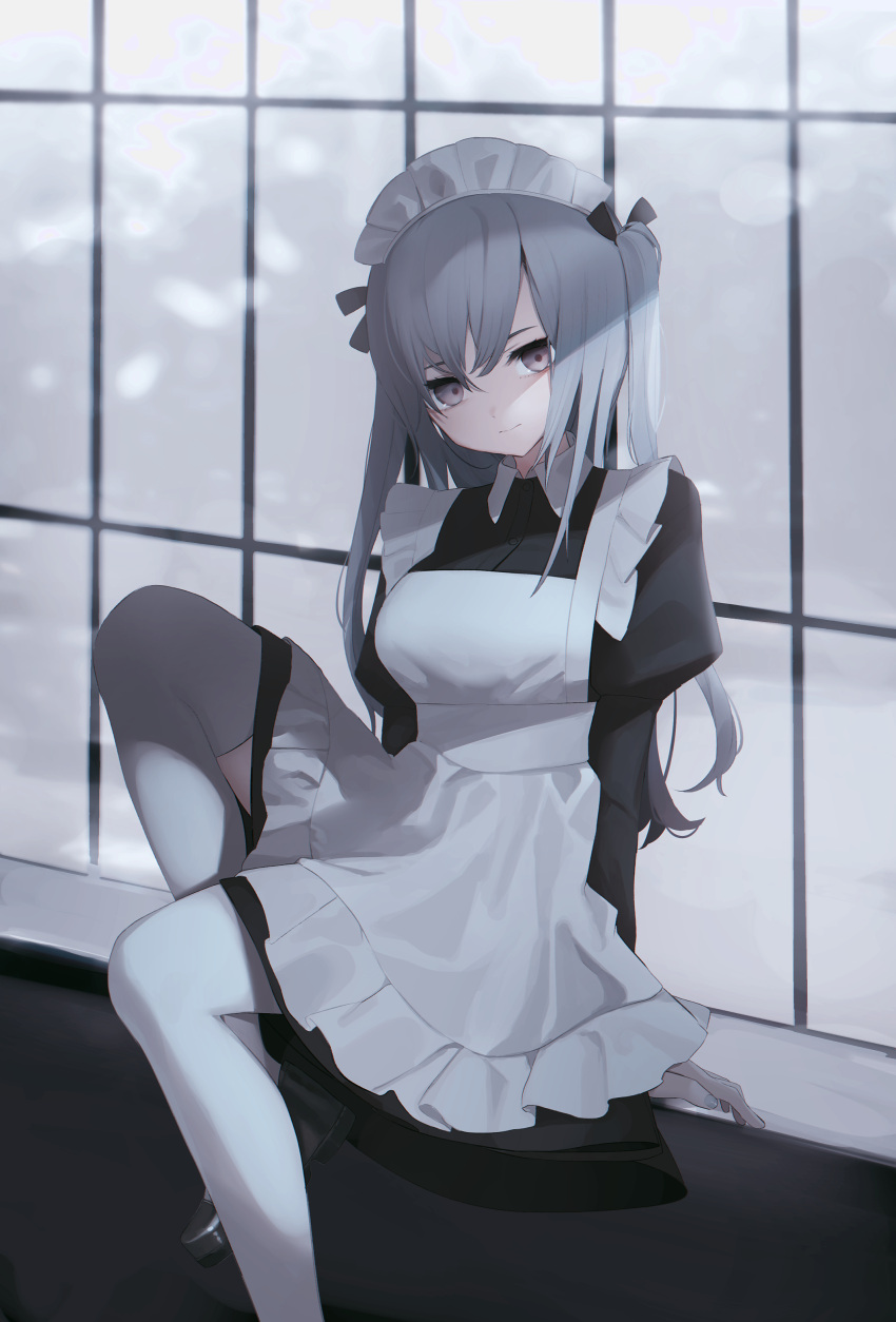 1girl absurdres apron black_dress black_footwear closed_mouth dress fingernails grey_eyes grey_hair grey_nails head_tilt highres juliet_sleeves long_sleeves looking_at_viewer maid maid_apron maid_headdress migihidari_(puwako) nail_polish original puffy_sleeves shoes sitting solo thigh-highs two_side_up white_apron white_legwear window