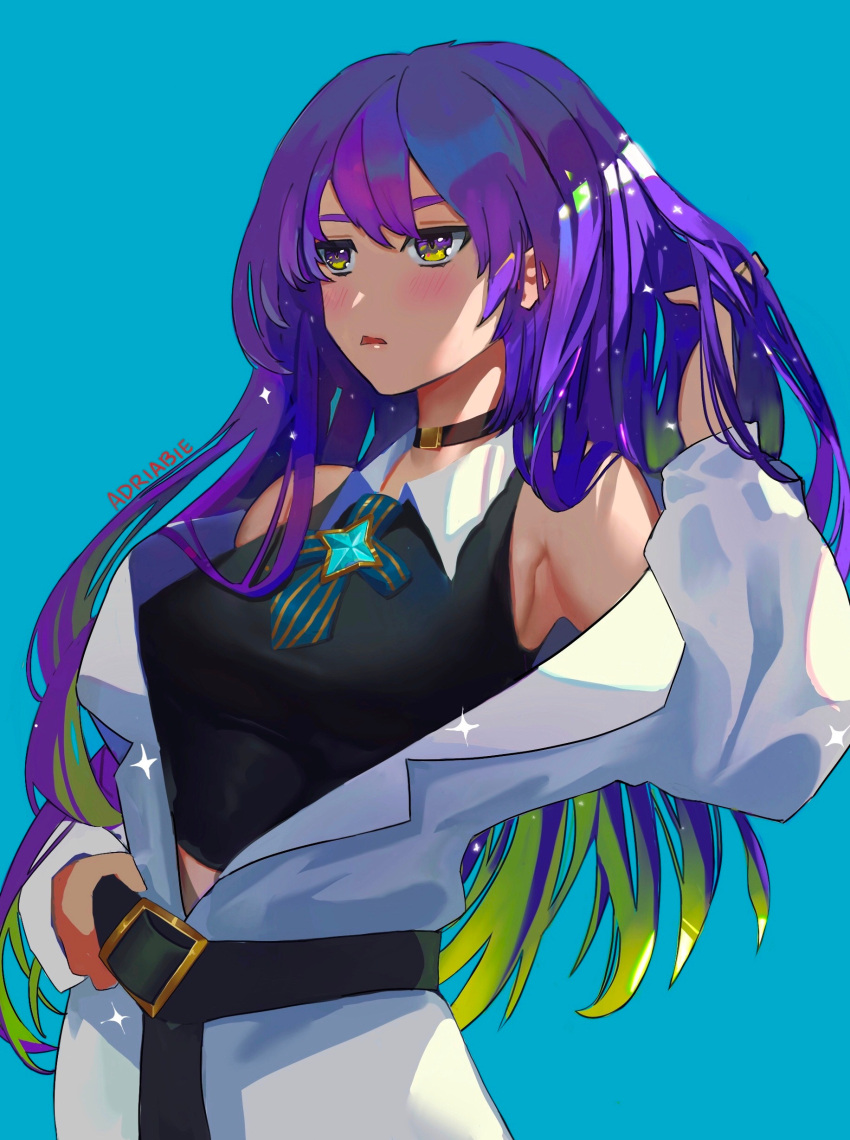 1girl absurdres adriabie armpit_peek artist_name bangs belt black_belt black_choker blonde_hair blue_background blush breasts choker gradient_hair highres holding_belt hololive hololive_indonesia jacket leaning_back medium_breasts moona_hoshinova multicolored_hair open_mouth purple_hair solo virtual_youtuber white_jacket yellow_eyes