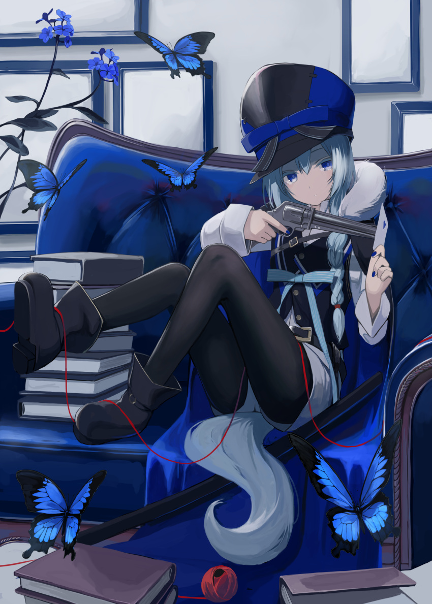 1girl absurdres bangs black_legwear blue_bow blue_eyes blue_hair blue_tail book bow bug butterfly card couch flat_chest flower gun hair_between_eyes handgun hat hat_bow highres holding holding_card holding_gun holding_weapon indoors insect leg_up long_sleeves looking_at_viewer medium_hair mikisai open_mouth original red_ribbon ribbon shorts sidelocks sitting solo tail weapon