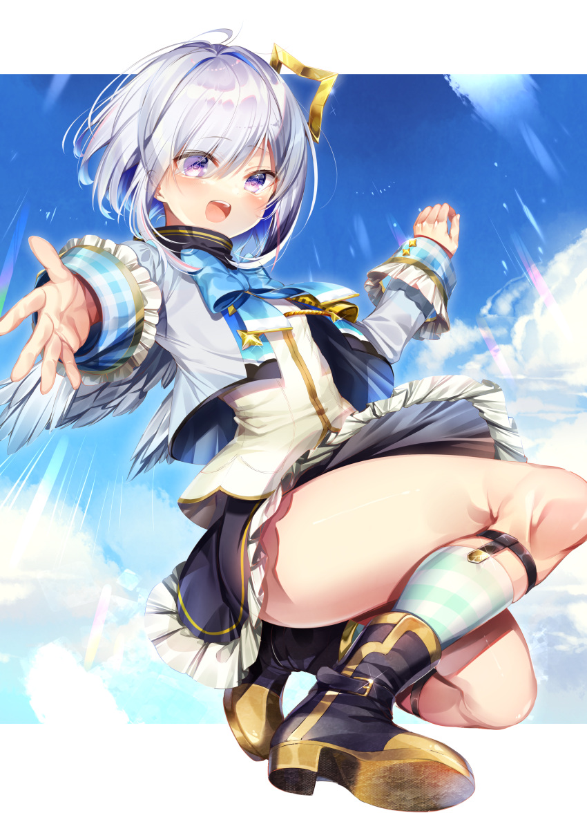 1girl :d absurdres amane_kanata angel angel_wings armband blue_hair bow bowtie chi_no clouds eyebrows_visible_through_hair halo highres hololive miniskirt multicolored_hair open_mouth outstretched_arm shoes short_hair silver_hair skirt sky smile socks solo streaked_hair thighs violet_eyes virtual_youtuber wings