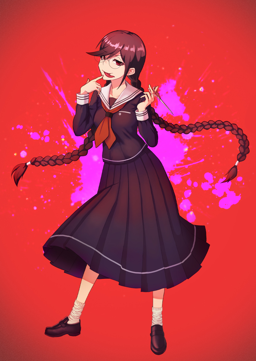 1girl absurdres bandaged_leg bandages blood blood_splatter braid breasts brown_hair collarbone commentary_request dangan_ronpa:_trigger_happy_havoc dangan_ronpa_(series) fukawa_touko full_body glasses highres loafers long_hair long_skirt long_sleeves looking_at_viewer medium_breasts mole mole_under_mouth pink_blood pleated_skirt red_background red_eyes sailor_collar school_uniform scissors seongkun_(agn000) serafuku shoes skirt smile socks solo tongue tongue_out twin_braids