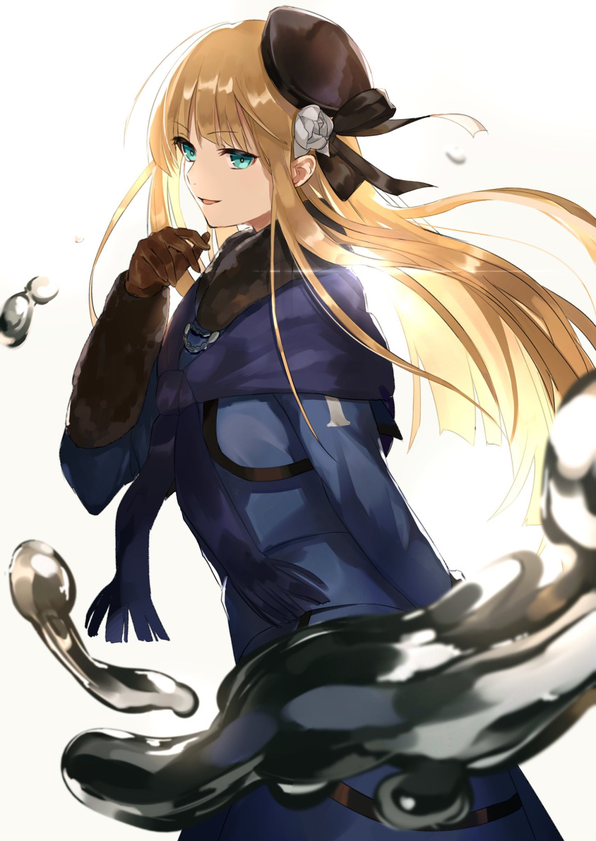 1girl backlighting bangs black_headwear blonde_hair blue_eyes blush breasts brown_gloves commentary_request eyebrows_visible_through_hair fate_(series) floating_hair flower from_side fur_collar gloves grey_flower hair_flower hair_ornament hand_up hat highres hoshi_rasuku long_hair long_sleeves looking_at_viewer lord_el-melloi_ii_case_files reines_el-melloi_archisorte smile solo