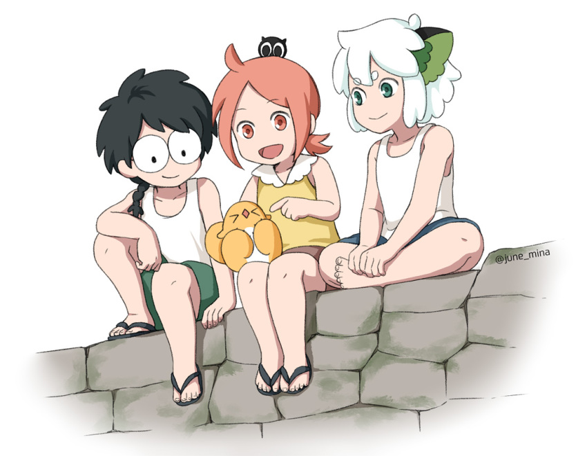 1girl 2boys a'gen_(the_legend_of_luoxiaohei) black_footwear black_hair blue_shorts brown_shorts child green_eyes green_shorts june_mina luoxiaobai luoxiaohei multiple_boys no_nose open_mouth pink_eyes pink_hair sandals shirt shorts sitting sleeveless sleeveless_shirt smile tank_top the_legend_of_luo_xiaohei white_background white_hair white_tank_top yellow_shirt