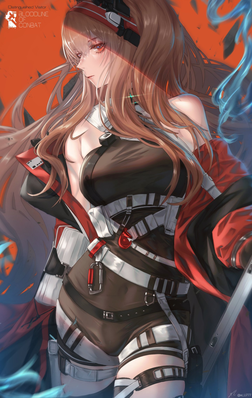 1girl angelina_(arknights) angelina_(distinguished_visitor)_(arknights) arknights bangs bare_shoulders belt breasts brown_eyes brown_hair commentary_request cowboy_shot hairband highres long_hair looking_at_viewer off_shoulder official_alternate_costume open_clothes orange_background red_hairband solo standing thighs white_belt xi-u