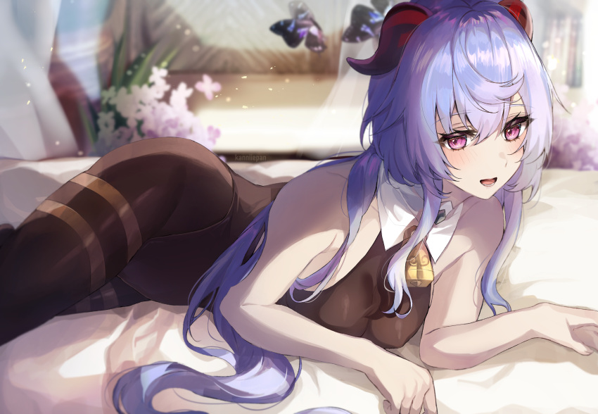 1girl absurdres bare_shoulders bell black_legwear black_leotard blue_hair blush breasts feet_out_of_frame flower ganyu_(genshin_impact) genshin_impact highres horns indoors kanniiepan leotard light_smile long_hair lying medium_breasts on_bed on_side open_mouth pantyhose pink_eyes pink_flower solo twisted_torso