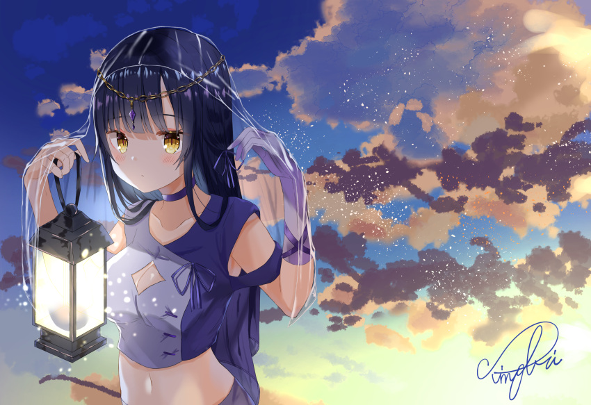 1girl bangs blue_hair blush breasts choker closed_mouth clouds eyebrows_visible_through_hair gloves hands_up headpiece highres holding holding_lamp lamp large_breasts long_hair looking_at_viewer navel original purple_ribbon ribbon single_glove sinobi_illust sky solo stomach yellow_eyes