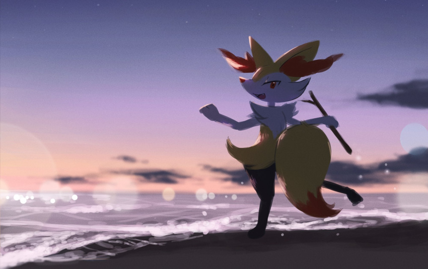 blurry braixen clouds commentary_request fangs gen_6_pokemon highres holding holding_stick lens_flare looking_back open_mouth outdoors pokemon pokemon_(creature) rend sky solo standing stick twilight