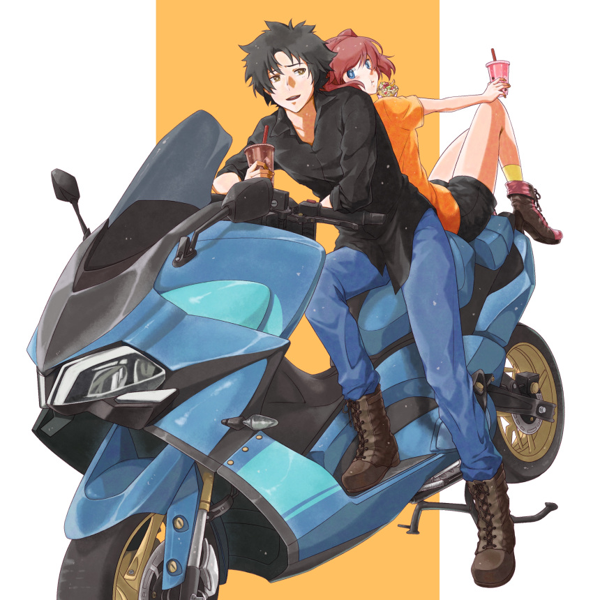 1boy 1girl absurdres back-to-back black_hair blue_eyes boots brown_eyes bubble_tea drink drinking_straw eating food ground_vehicle highres holding holding_drink holding_food kuon_(08080018) mikado_reo mikagami_mimika moped motor_vehicle open_mouth redhead short_hair sitting soukyuu_no_fafner