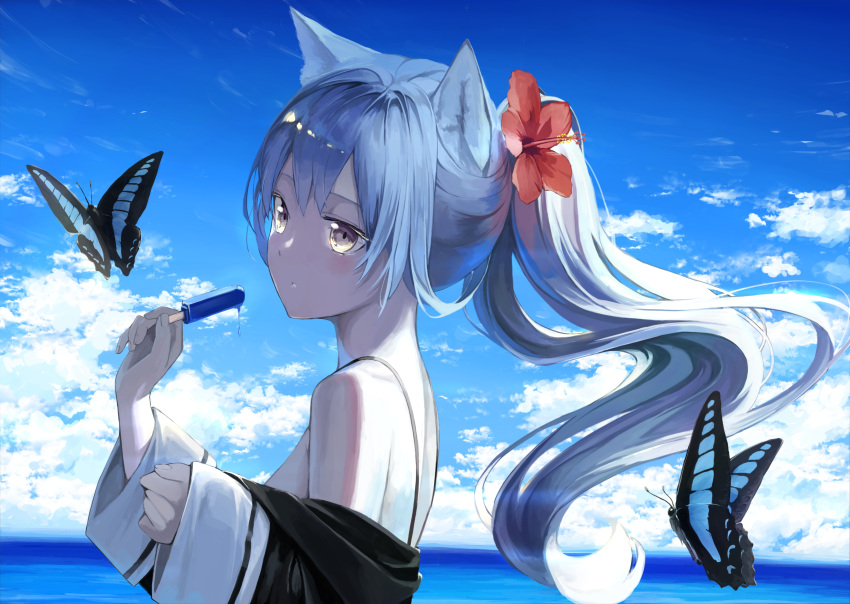 1girl animal_ears bangs blue_hair blush bra_strap breasts bug butterfly clouds floating_hair flower food grey_eyes hair_flower hair_ornament hibiscus highres holding holding_food ice_cream insect long_hair looking_at_animal medium_breasts mikisai ocean open_mouth original ponytail sidelocks sky solo water