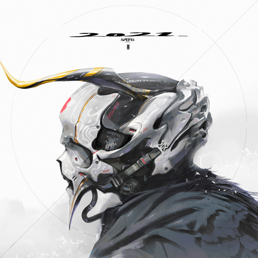 2021 cloak esuthio from_side helmet highres horns humanoid_robot looking_ahead no_humans original portrait robot science_fiction solo upper_body