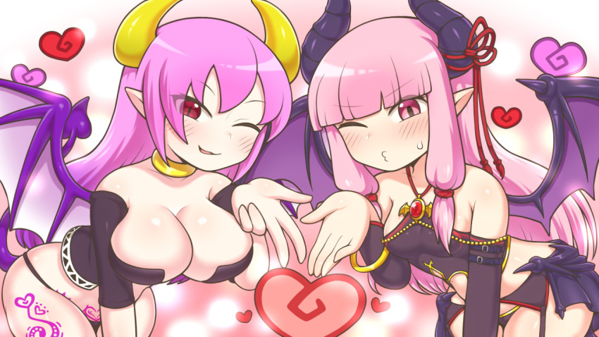 2girls :3 :d bare_shoulders black_panties blown_kiss blush breasts brooch character_request choker demon_girl demon_horns demon_tail demon_wings hand_up heart horn_ornament horns jewelry kotonoha_akane large_breasts leaning_forward long_hair looking_at_viewer multiple_girls o3o one_eye_closed open_mouth panties pink_background pink_hair pointy_ears purple_hair rantana_(lalalalackluster) red_eyes slit_pupils small_breasts smile spread_wings standing succubus tail tassel underwear voiceroid wings